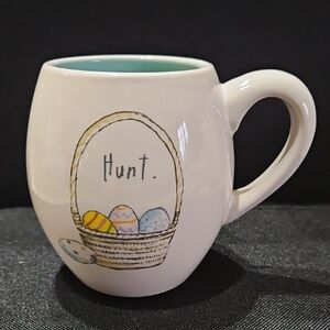 Rae Dunn White Mug with Aqua Interior and Pastel Easter Basket